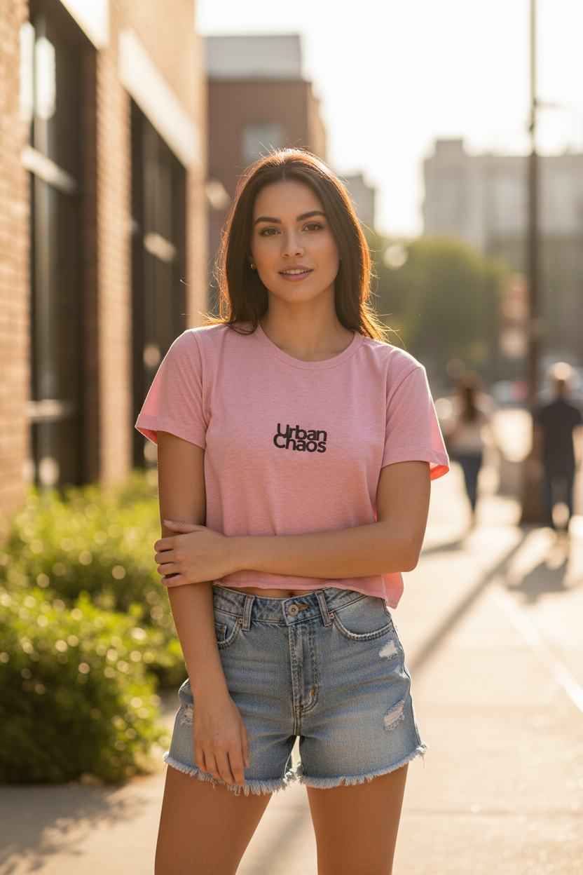 Pink t-shirt with 'Urban Chaos' text on a concrete surface with sunglasses and jeans.