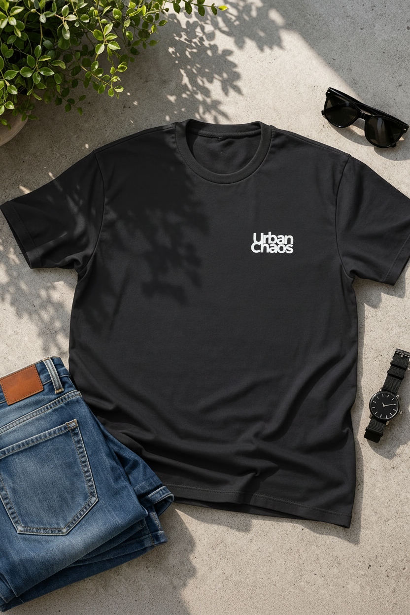 Navy blue t-shirt with 'Urban chaos' text on a concrete surface with jeans and sunglasses.